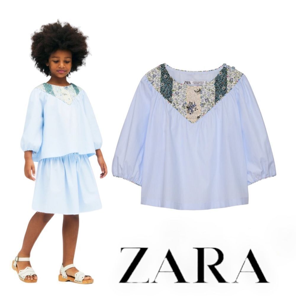 ZARA Kids | Blue / White | PATCHWORK YOKE STRIPED BLOUSE LIMITED EDITION